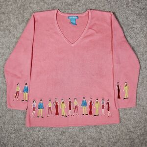 Alexandra Bartlett Womens Embroidered People Upscale Classy V-Neck Sweater Sz S